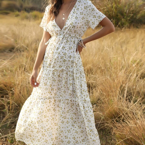 BOHO v neck floral print  side slit maxi dress - Picture 8 of 10